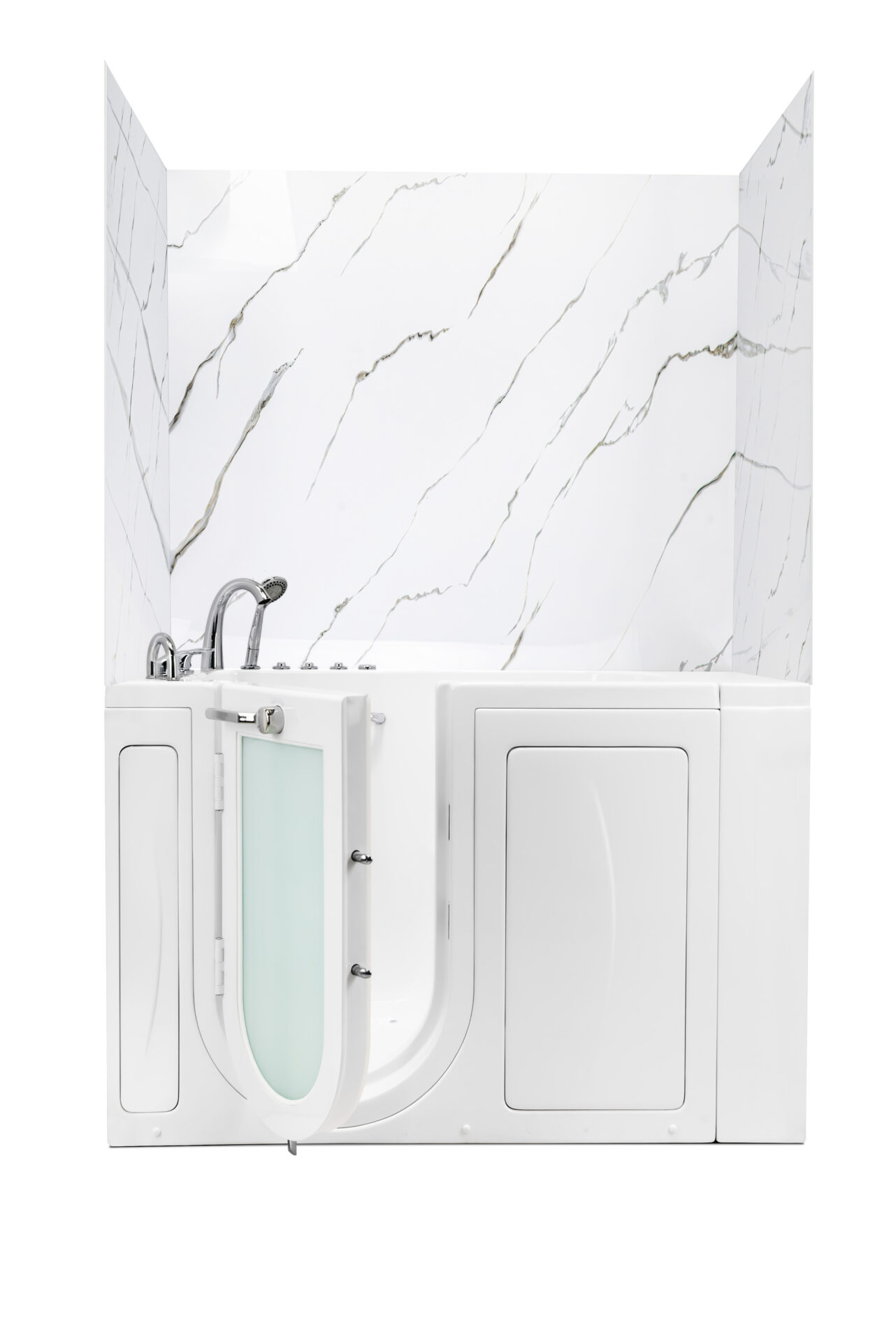 White walk-in tub with open entry door and marble-look wall surround