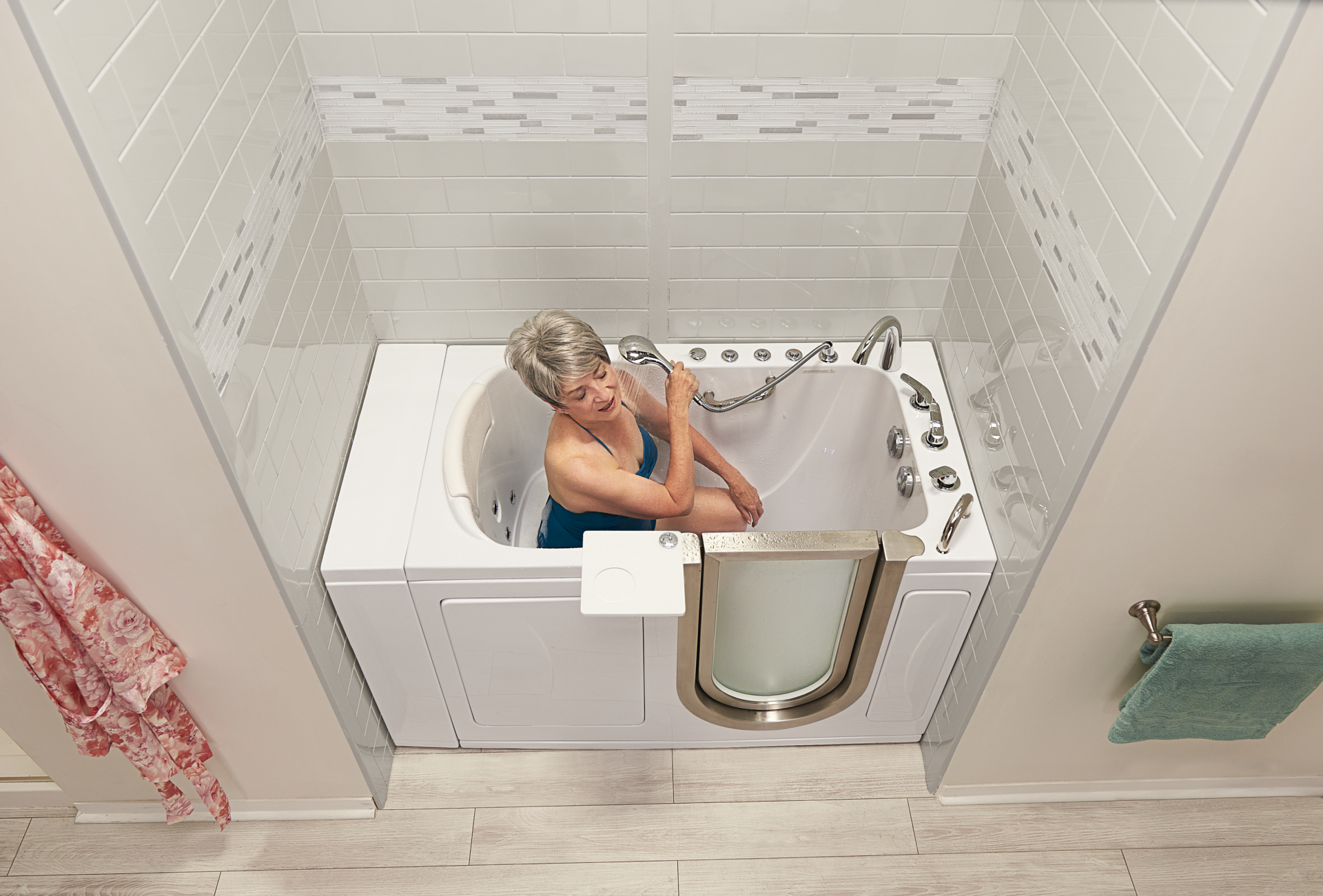 Walk-in tub with handheld shower controls — product example